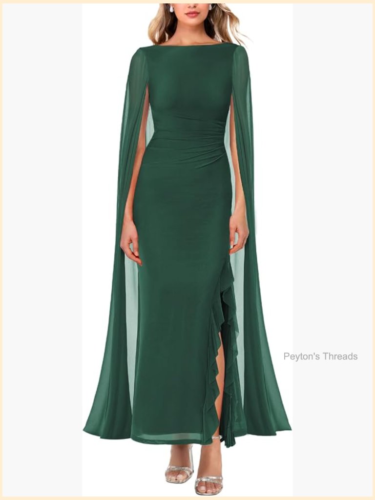 Long Sleeve High Split Mesh Ruched Cape Formal Maxi Dress
